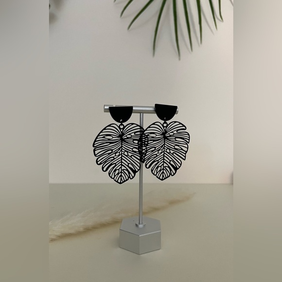 Classic Black Leaf Statement Earrings - Large Bohemian Dangle Earrings - Picture 3 of 12